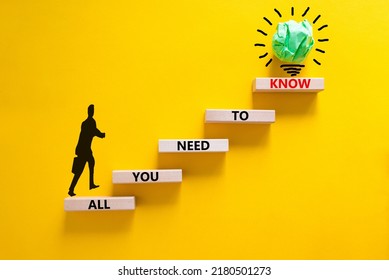 All You Need To Know Symbol. Wooden Blocks With Words All You Need To Know On Yellow Background, Copy Space. Businessman Icon, Light Bulb. Business, All You Need To Know Concept.