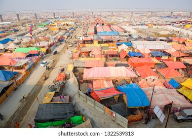Allahabad / India 18 January 2019 An aerial view of the temporary residential tents for the pilgrims at Prayagraj Kumbh Mela in Allahabad Uttar Pradesh India