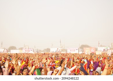 Allahabad, India; December21,2021 A Huge Crowd Of People Gathered At A Program On Women Empowerment Waving At Prime Minister Of India Mr. Narendra Modi