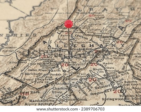 Alleghany County, Virginia vintage map marked by a red tack. The county seat is in Covington, VA.