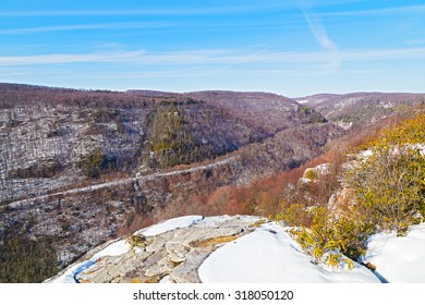 Allegheny Mountains Range In West Virginia In Winter. The Road Along Mountain Side In The Park.