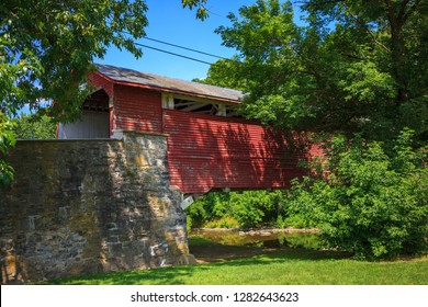 Allentown, PA, USA - July 10, 2011: The Wehr Covered Bridge Is A Historic Wooden Structure Located In South Whitehall Township, Lehigh County, Pennsylvania. It Spans The Jordan Creek.