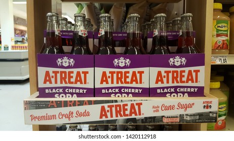 ALLENTOWN, PENNSYLVANIA, US - May 19, 2019: A-Treat Black Cherry Soda Sits On A Shelf, A Local Brand Special To The Lehigh Valley Where The Soft Drink Has Been Bottled Since 1918.