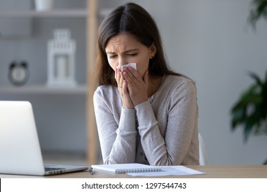 Allergic Ill Female Worker Blowing Running Nose Got Flu Caught Cold Sneezing In Tissue At Workplace, Sick Teen Girl Having Allergy Symptoms Coughing Holding Handkerchief At Work, Hay Fever Concept