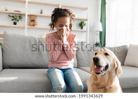 Allergic Reaction To Fur. Sick black girl sneezing and sniffle holding paper tissue. Ill kid having rhinitis suffering from running nose caused by her pet dog, sitting on sofa at home, free space