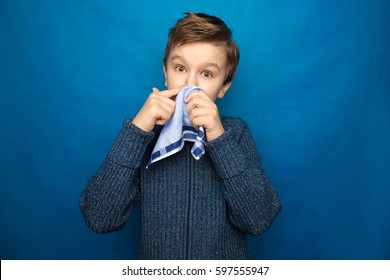 Allergy Boy Child With Runny Nose Holding A Handkerchief