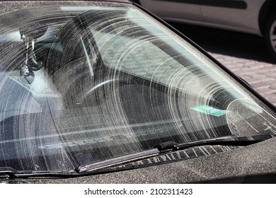 Allergy Season. Car Windshield Covered In Tree Pollen In Spring. Pollen Season.