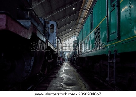 An alley between old Spanish steam locomotives at Delicias station in Madrid, Spain