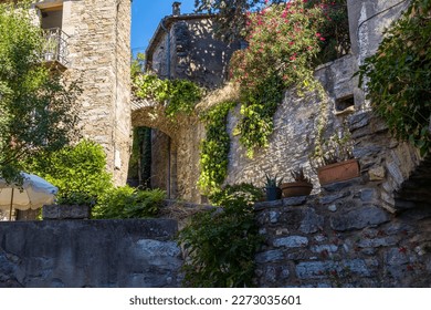 Alley and houses in the medieval village of Vieussan in the Haut-Languedoc Natural Park