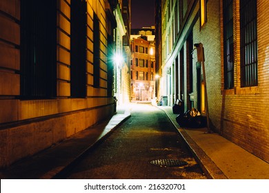 An alley at night, in Boston, Massachusetts.