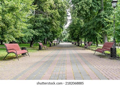 Alley in the park with benches for cool rest among green trees in the city park - Shutterstock ID 2182068885