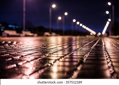 Alley in the park lit by lanterns after the rain. The view from the sidewalk level, in blue tones - Powered by Shutterstock