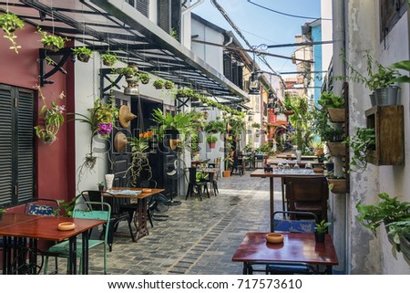 alley with tourist restaurants and bars in siem reap old town cambodia