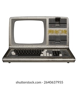 all-in-one computer system with a monochrome monitor, integrated keyboard, metallic grey casing showing signs of age and use. The design is boxy and features several buttons and slots.  - Powered by Shutterstock - Get 15% off with code: PIKWIZARD15