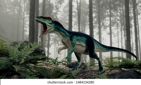 Allosaurus prehistoric carnivore dinosaur 3d render in the forest