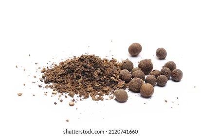 Allspice Ground, Pimento Spice Minced, Jamaican Pepper And Shavings Isolated On White  