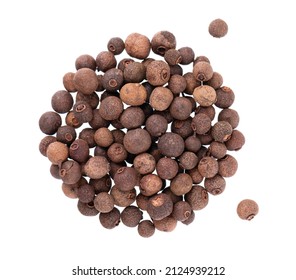 Allspice Pile Isolated On White Background. Jamaican Pepper, Pimento Berry, Allspice Peppercorns Or Myrtle Pepper. Top View