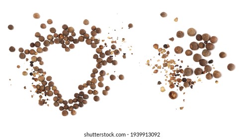 Allspice, Pimento Spice Crushed,  Jamaican Pepper And Shavings In Shape Heart Isolated On White Background, Top View