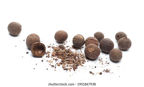 Allspice, Pimento Spice, Jamaican Pepper And Shavings Isolated On White Background