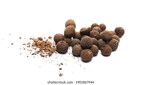 Allspice, Pimento Spice, Jamaican Pepper And Shavings Isolated On White Background