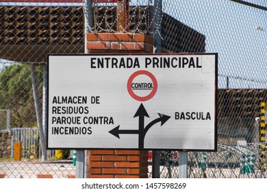 Almaraz, Caceres, Spain - March 23, 2019: Sign Indicating The Control Point And The Waste Storage Facility At The Entrance To The Alamaraz Nuclear Power Plant, Extremadura, Spain.