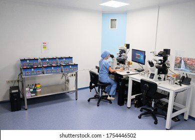 Almaty / Kazakhstan - 02.13.2019 : Artificial Insemination Clinic. Embryologists Perform Tests With Human Eggs.