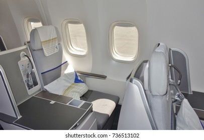 ALMATY, KAZAKHSTAN -25 AUG 2017- Inside The Business Class Cabin Of An Airplane From Kazakhstan Flag Carrier Air Astana (KC). Its Frequent Flyer Program Is Called The Nomad Club. 