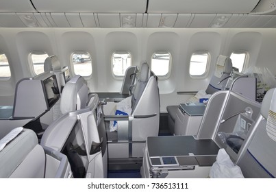 ALMATY, KAZAKHSTAN -25 AUG 2017- Inside The Business Class Cabin Of An Airplane From Kazakhstan Flag Carrier Air Astana (KC). Its Frequent Flyer Program Is Called The Nomad Club. 