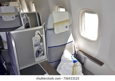 ALMATY, KAZAKHSTAN -25 AUG 2017- Inside The Business Class Cabin Of An Airplane From Kazakhstan Flag Carrier Air Astana (KC). Its Frequent Flyer Program Is Called The Nomad Club. 