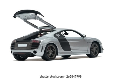 ALMATY, KAZAKHSTAN - FEBRUARY 23, 2014: Collectible Toy Model Silver Car Audi R8 With An Open Trunk