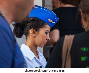 Almaty, Kazakhstan - June 06, 2012: Talgo-Tulpar Speed Train. Young Woman Train Hostess With Passengers.