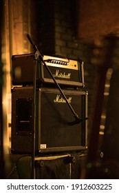 Almaty, Qazaqstan - February, 15, 2020: Marshall 100W Half Stack Tube Amp Head With Cabinet, Guitar Amp On The Stage