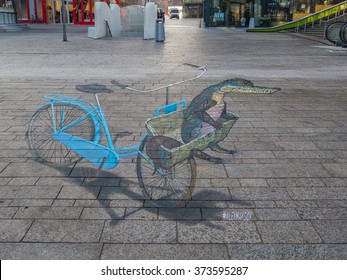 ALMERE, NETHERLANDS - 27 OCT. 2015: Painting By Unknown Artist Shows The Power Of 3D Optical Illusion Of A Street Painting. Once A Year The City Invites Artists To Make Paintings On The Streets