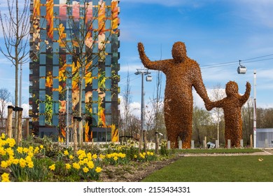 Almere, The Netherlands - April 3, 2022: Beehold sculpture, Flores building and cable car at Floriade Expo 2022 Growing green cities in Almere Amsterdam The Netherlands