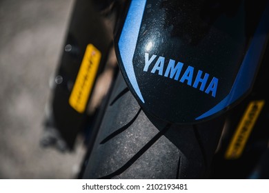 Almeria, Spain - May 4th 2021: Close up view of Yamaha motorbike front wheel with Dunlop tires during Dunlop Xperience showroom and test in Almeria, Spain.