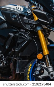 Almeria, Spain - May 4th 2021: Close up view of blue Yamaha motorbike with Dunlop tyre during Dunlop Xperience showroom and test in Almeria, Spain.