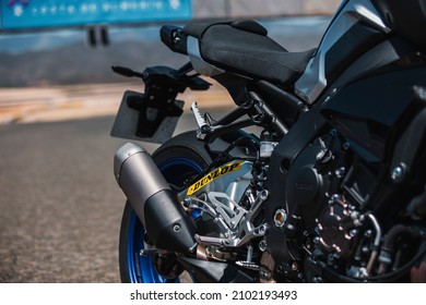 Almeria, Spain - May 4th 2021: Close up view of Dunlop tires sticker on blue Yamaha motorbike during Dunlop Xperience showroom and test in Almeria, Spain.