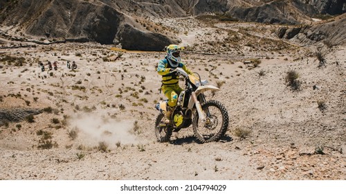 Almeria, Spain - May 5th 2021: Motocross Rider Riding In Tabernas Desert During Dunlop Xperience Showroom And Test In Almeria, Spain.