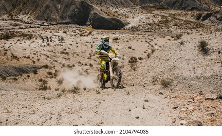 Almeria, Spain - May 5th 2021: Motocross Rider Riding In Tabernas Desert During Dunlop Xperience Showroom And Test In Almeria, Spain.