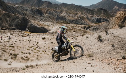 Almeria, Spain - May 5th 2021: Motocross Rider Riding In Tabernas Desert During Dunlop Xperience Showroom And Test In Almeria, Spain.