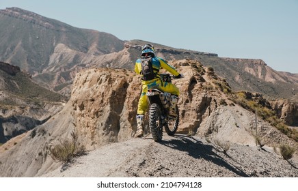 Almeria, Spain - May 5th 2021: Motocross Rider Riding In Tabernas Desert During Dunlop Xperience Showroom And Test In Almeria, Spain.