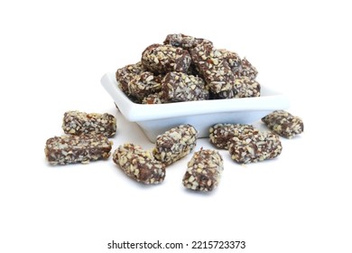 Almond Butter Chocolate Bar Candy Isolated In Bowl On White 