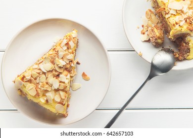 Almond cake with caramel, soft focus, horizontal, top view
