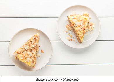 Almond cake with caramel, soft focus, horizontal, top view
