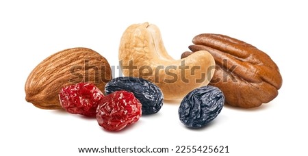 Almond, cashew, pecan, cranberry and raisin mix. Nuts and berries isolated on white background. Package design element with clipping path