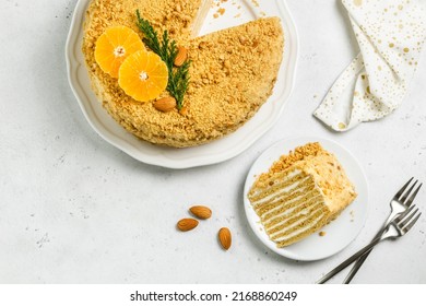 Almond Citrus Homemade Honey Cake On Plate. Top View, Space For Text.