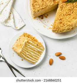 Almond Citrus Homemade Honey Cake On Plate. Top View, Space For Text.