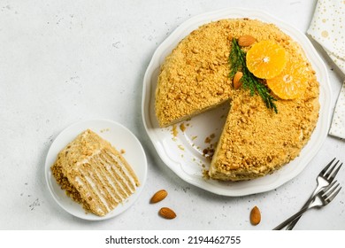 Almond Citrus Homemade Honey Cake On Plate. Top View, Space For Text.