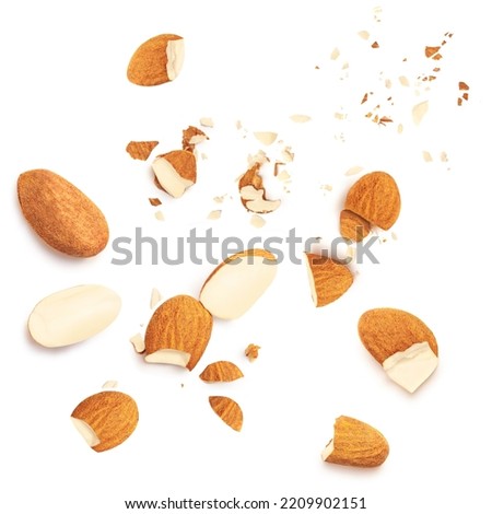Almond with crumbs isolated on the white background. Almond s nuts pieces top view. Flat lay.
