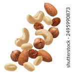 Almond, hazelnut, peanut, cashew nut and raisins flying isolated on white background. Vertical layout. Package design element with clipping path